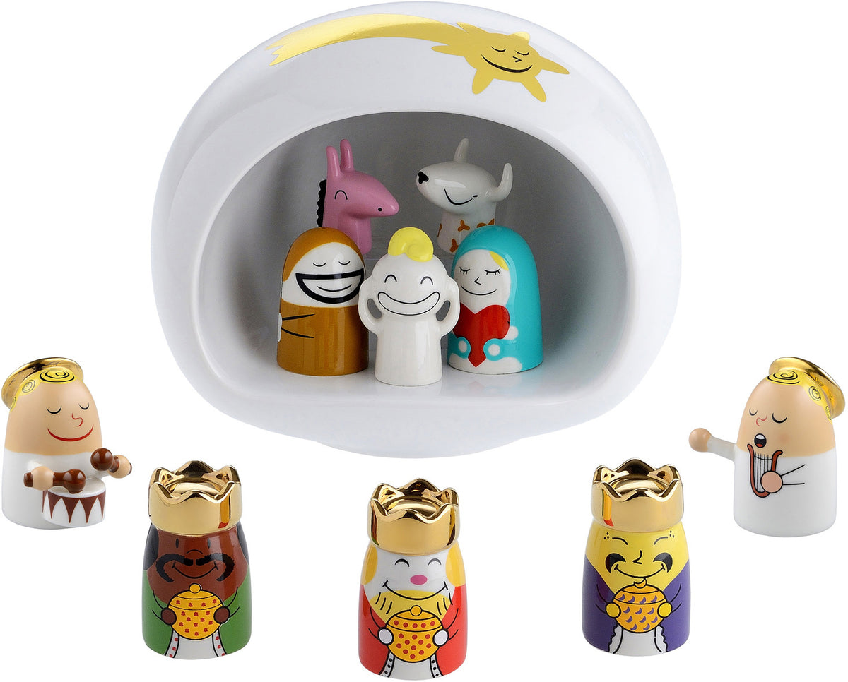 Alessi speciale kerststal met 10 beeldjes, met koningen en engelen, ontwerp Massimo Giacon