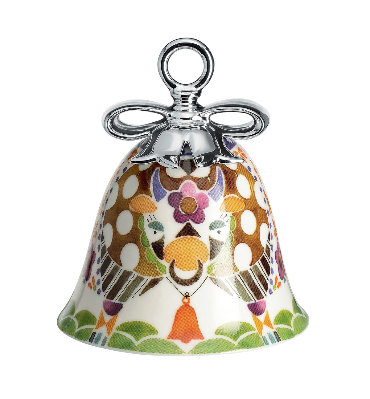 Alessi Holy Family kerstklokje met koe-motief, porselein met kleurrijk decor, ontwerp Marcel Wanders
