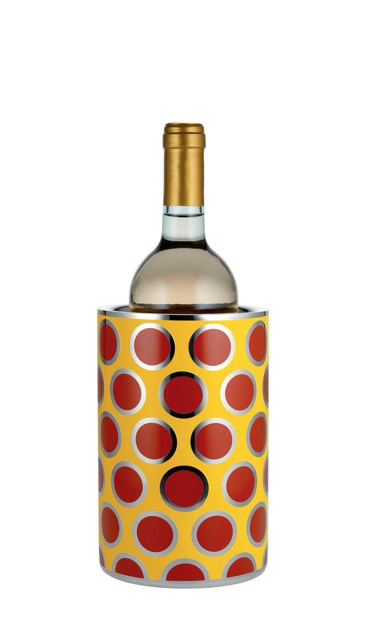 Alessi CIRCUS flessenkoeler in geel met rode stippen, met fles