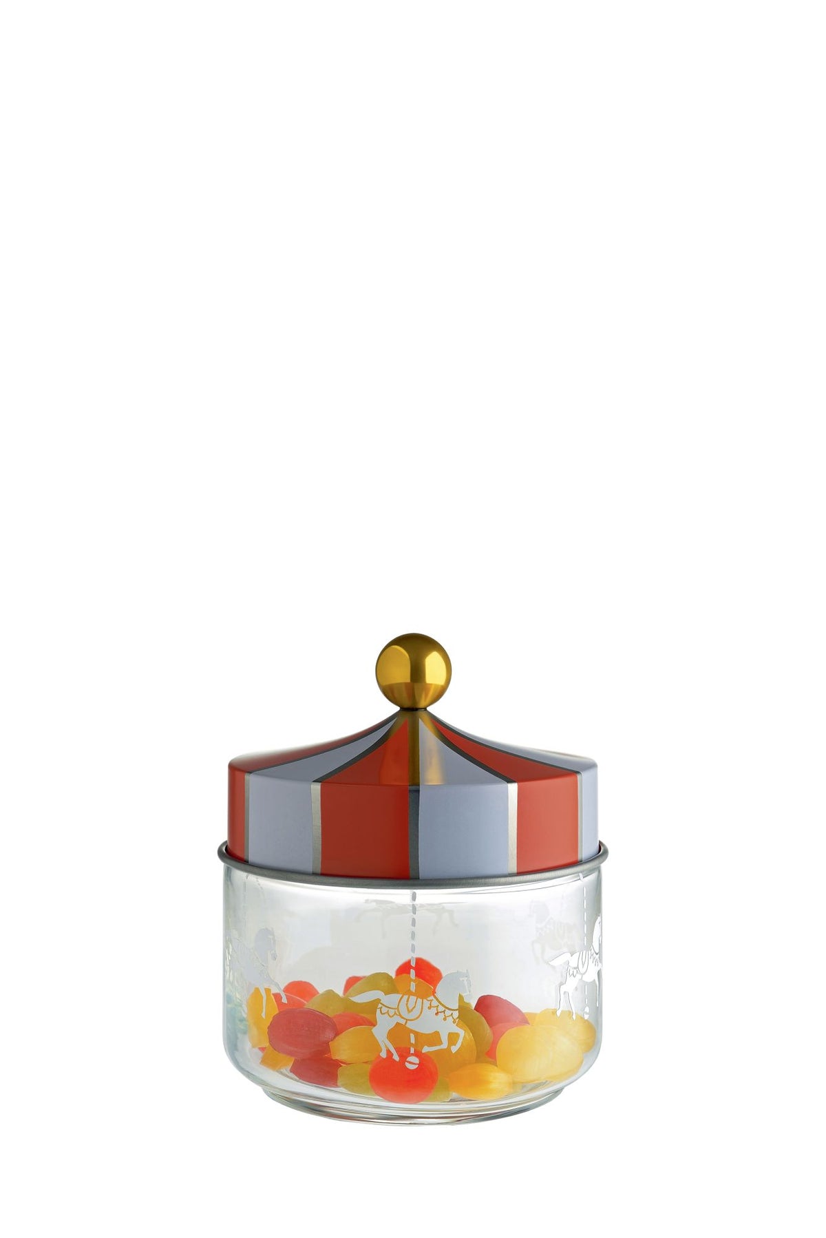 Alessi CIRCUS voorraadbus, glas met draaimolenpaardjesmotief, gevuld