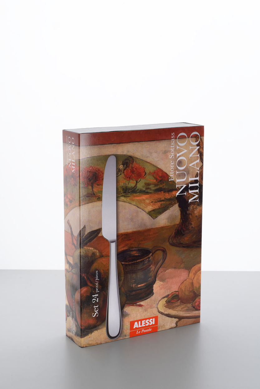 Alessi Nuovo Milano bestekset cassette, verpakking met monoblok mes, Ettore Sottsass
