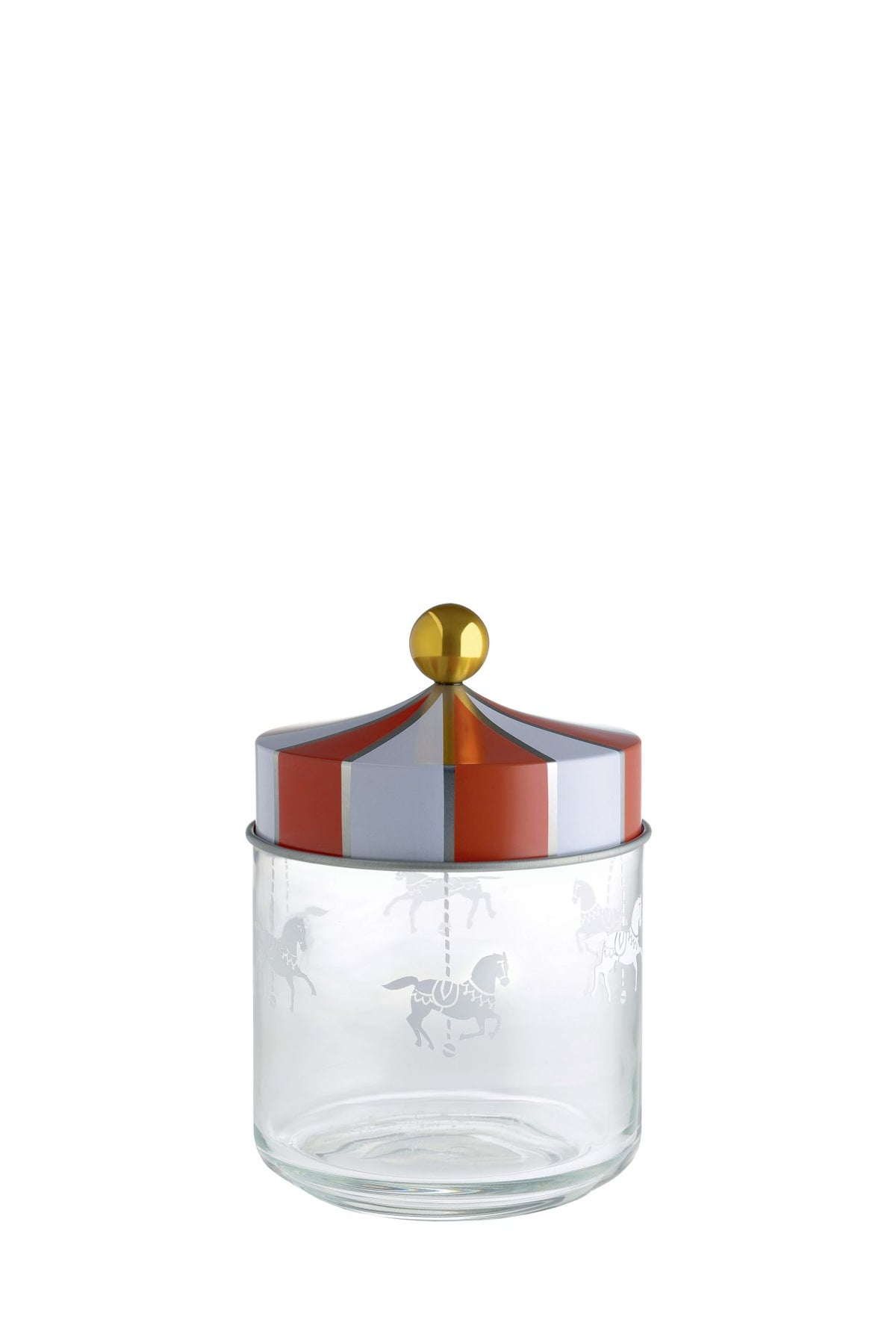 Alessi CIRCUS voorraadbus van glas met paardenmotief, blikken deksel, 75 cl