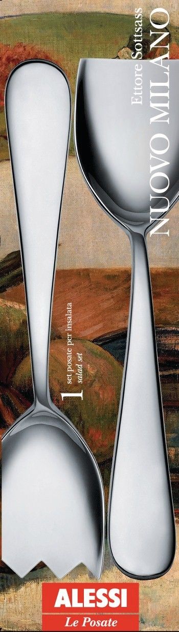 Alessi Nuovo Milano salad servers in stainless steel, packaging designed by Ettore Sottsass