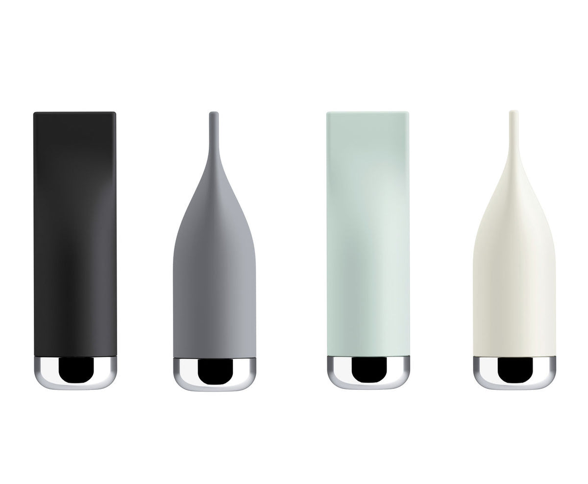 Pizzico salt and pepper shakers side by side in black, grey, mint and white