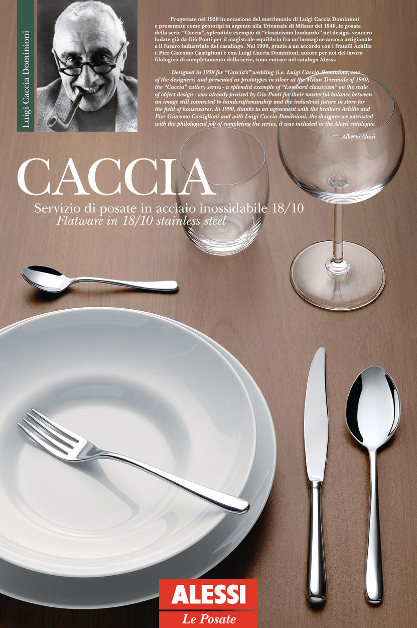 Alessi Caccia holheft tafelcouvert, ontwerp Luigi Caccia Dominioni, met bord en glas