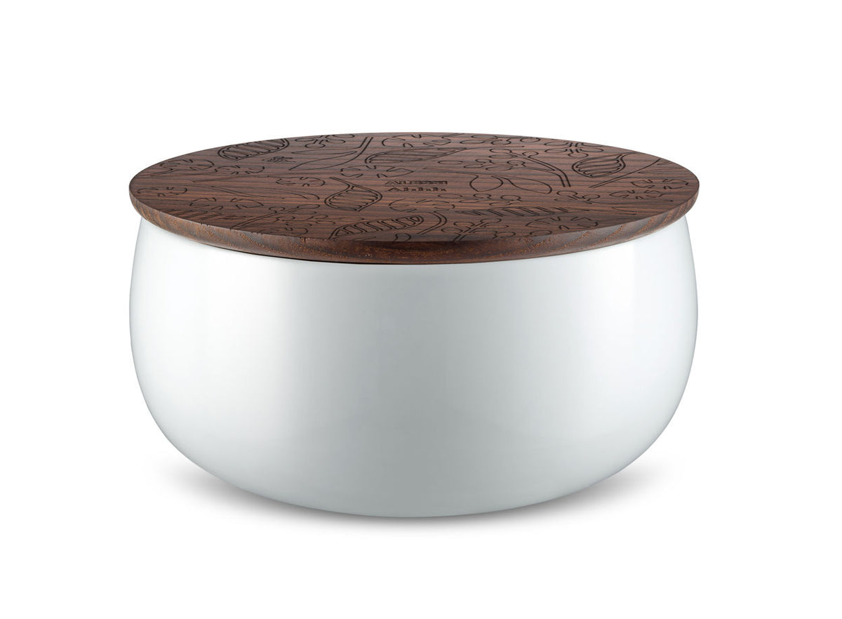 Alessi grote geurkaars Ahhh, witte porseleinen houder met houten deksel, close-up