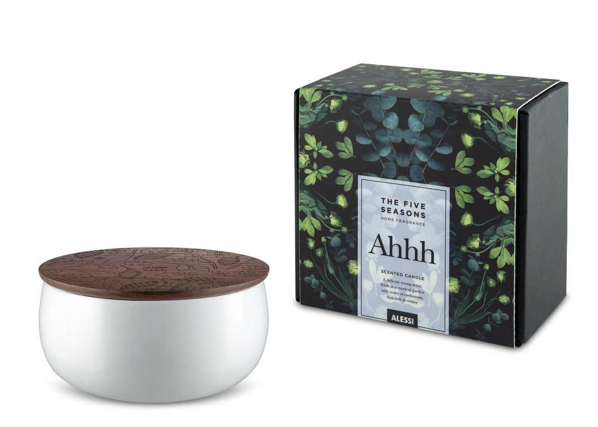 Alessi grote geurkaars Ahhh, wit porselein met houten deksel, naast verpakking