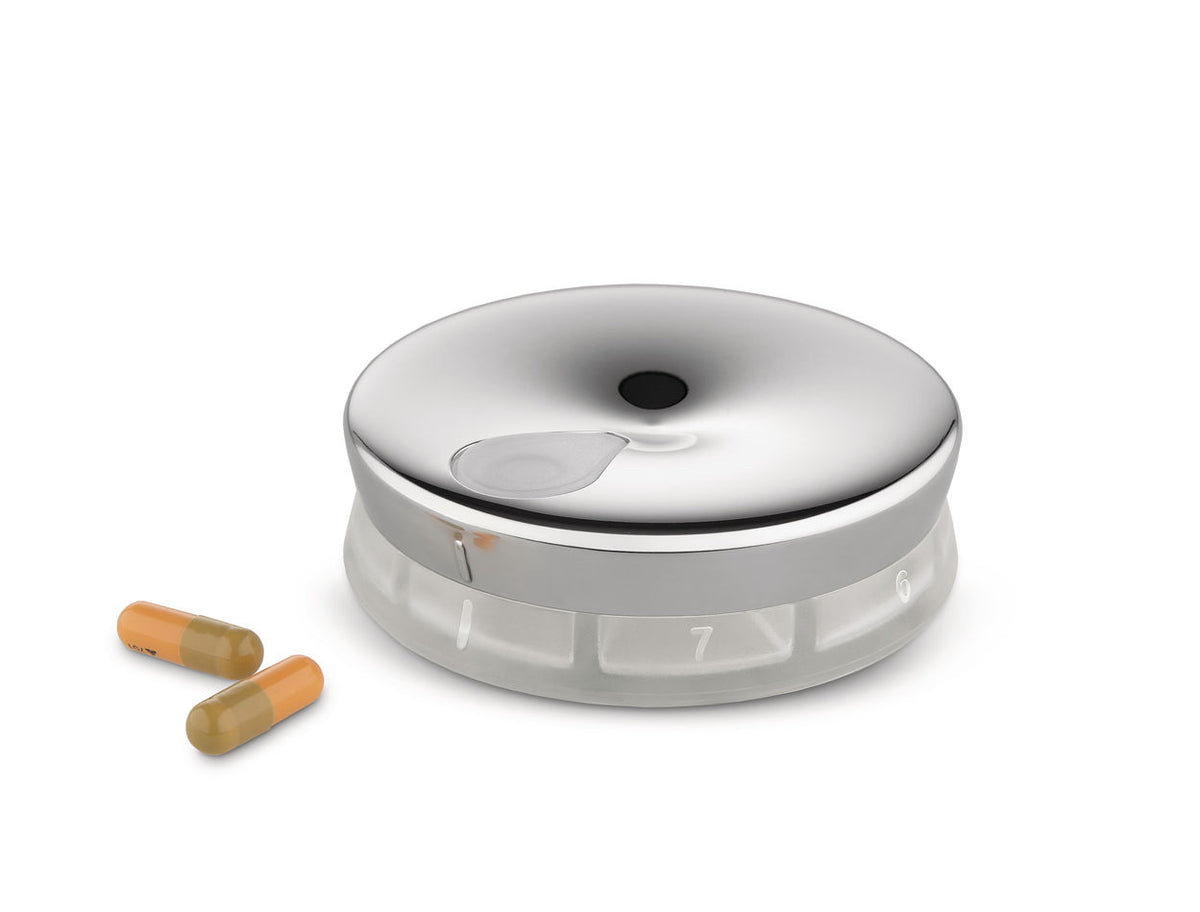 Alessi YoYo Pillbox pillendoos met dagvakken, rond, in glanzend staal