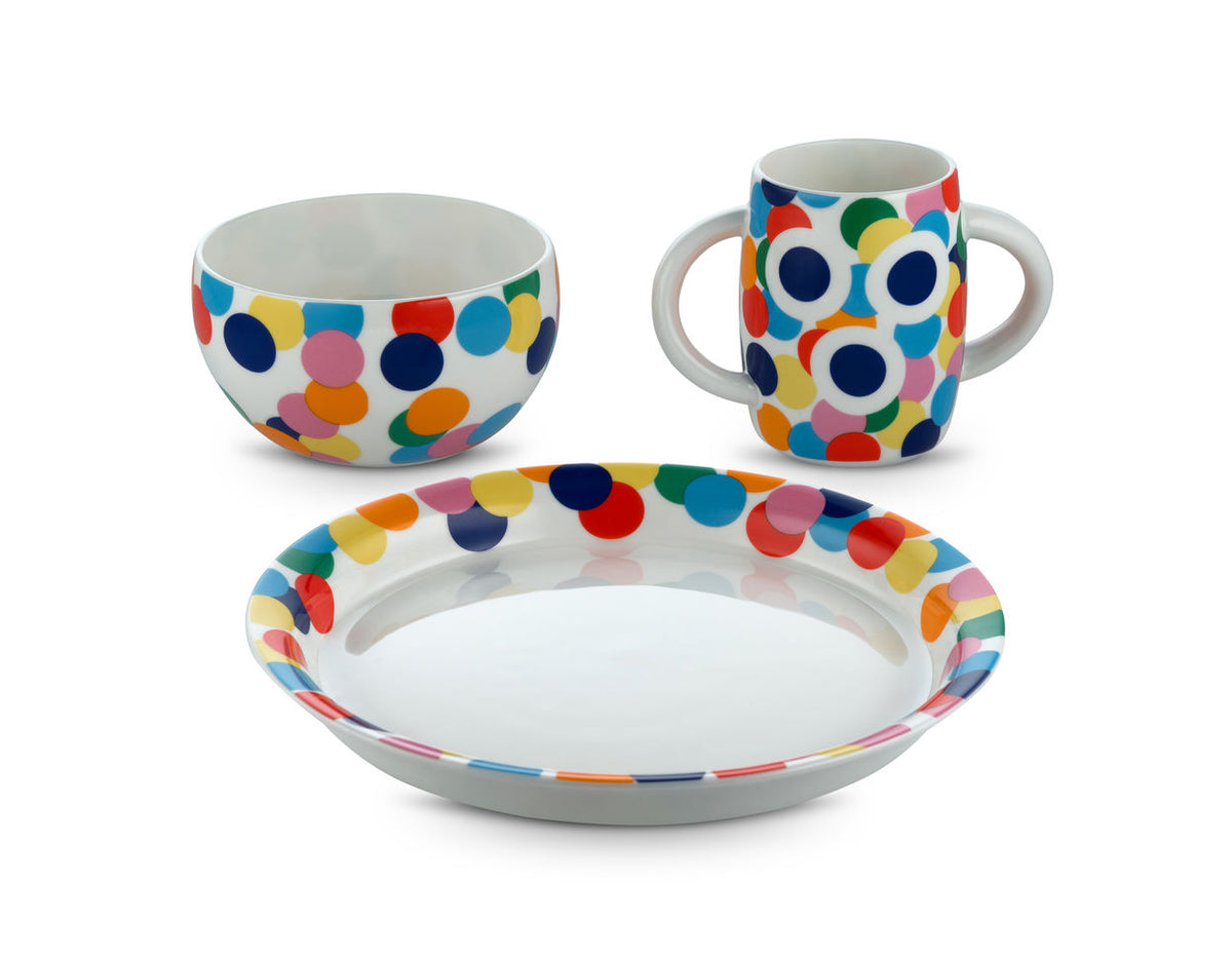 Alessi Alessini kinder servies: dinerbord, kom en beker met kleurrijke stippen