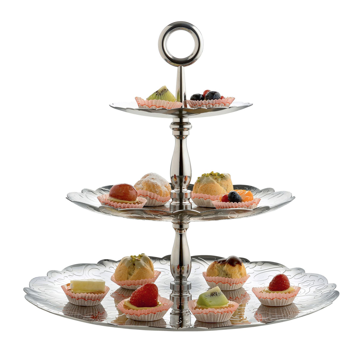 Alessi DRESSED 3-traps etagère van Marcel Wanders, zilverkleurig metaal, diameter 35 cm
