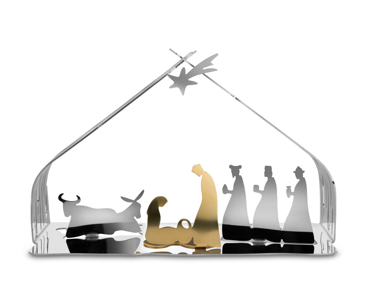 Alessi Bark kerststal in rvs met goudkleurige figuren, vooraanzicht van Michel Boucquillon