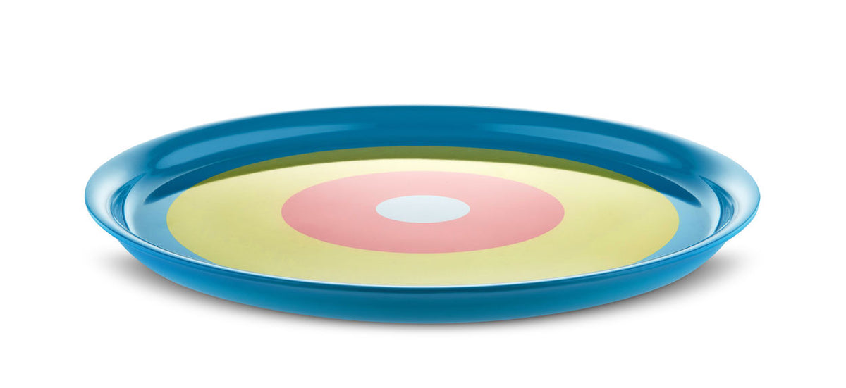 Alessi Alessini dienblad van Mendini, melamine met blauw, geel en roze cirkelmotief
