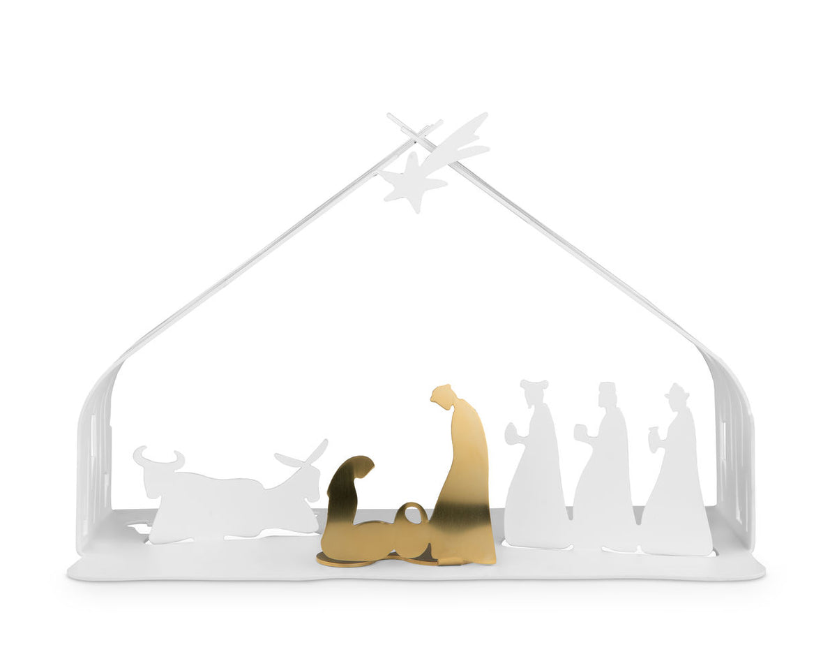 Alessi kerststal Bark, wit metaal met goudkleurige figuren, vooraanzicht
