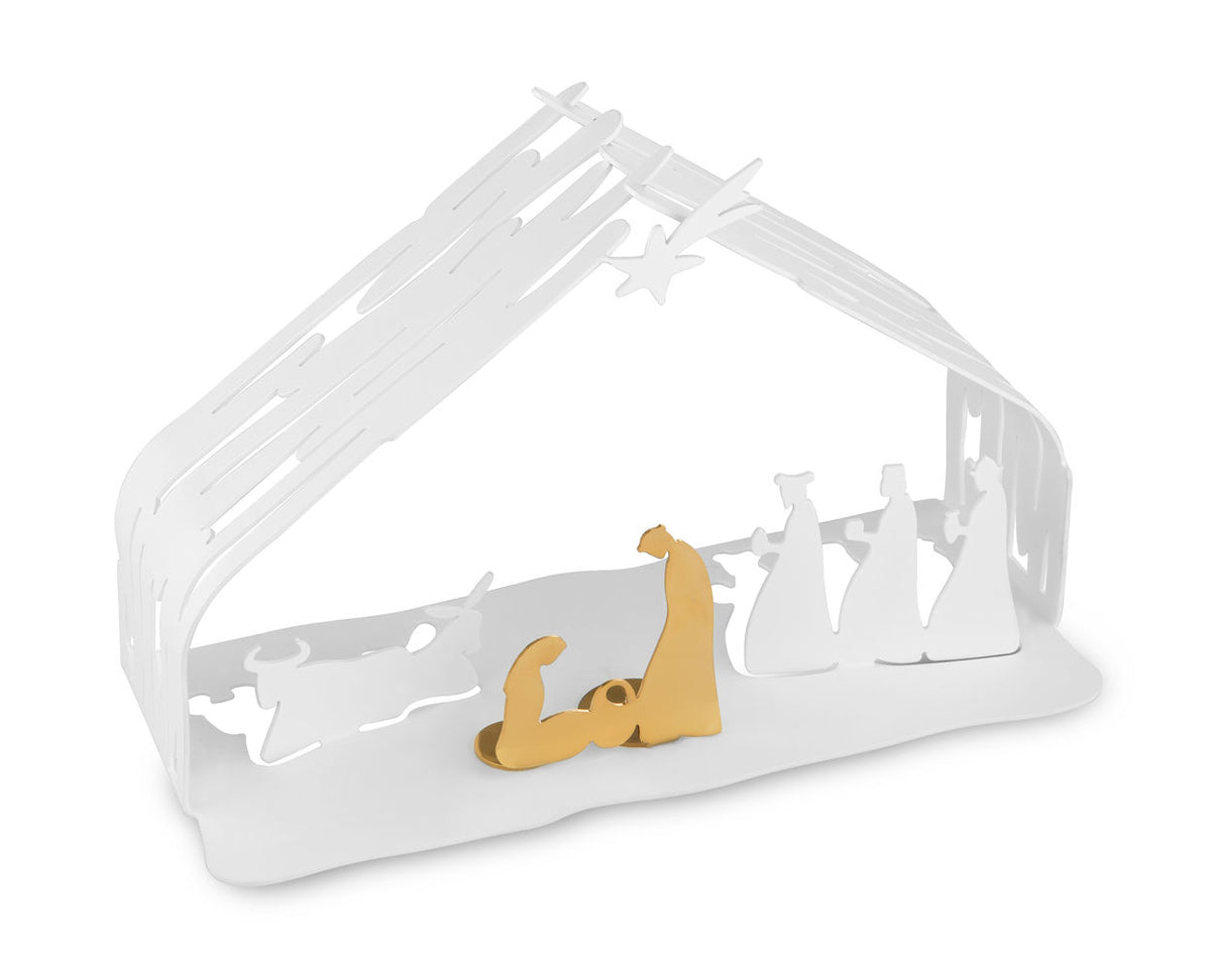 Alessi kerststal Bark, wit metaal met goudkleurige figuren, zijaanzicht