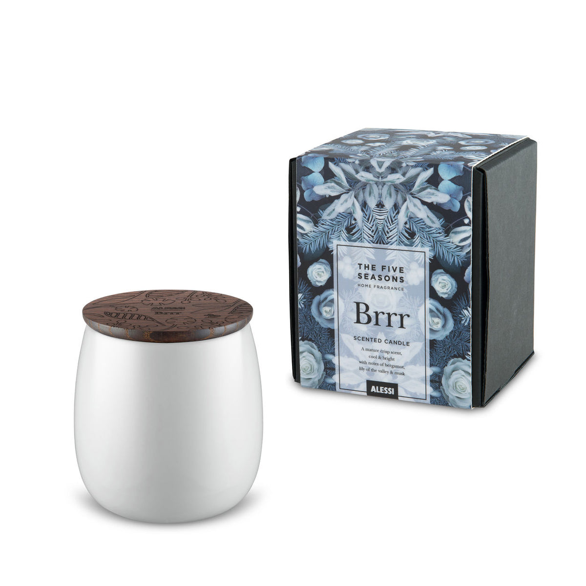 Alessi Brrr kleine geurkaars, witte porseleinen houder met houten deksel, naast verpakking
