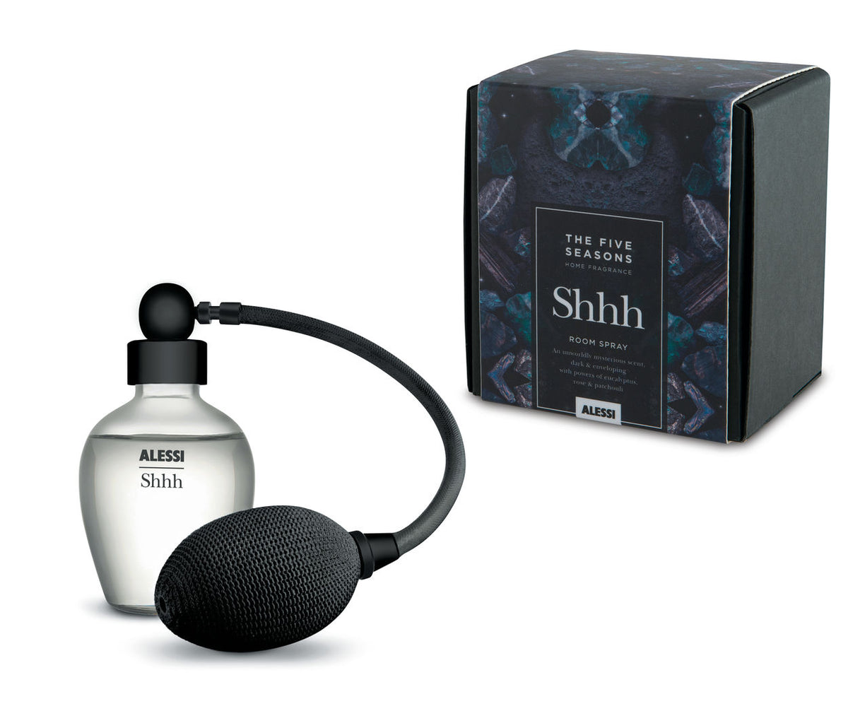 Alessi Shhh roomspray voor de badkamer, verstuiver met zwarte pomp en verpakking