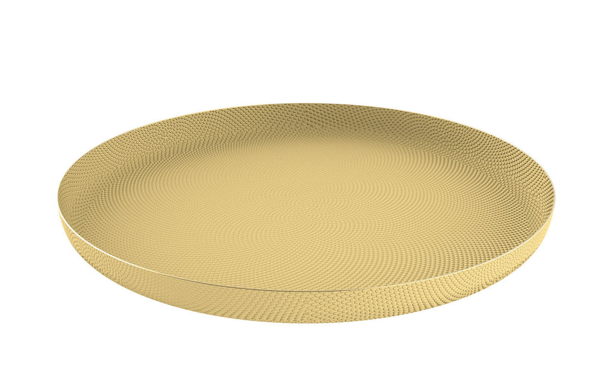Alessi gouden schaal, 35 cm, ontwerp Jasper Morrison, met gegraveerd cirkelmotief