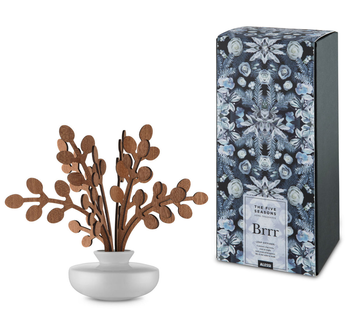 Alessi Brrr diffuser met porseleinen fles, mahoniehouten geurblaadjes en verpakking