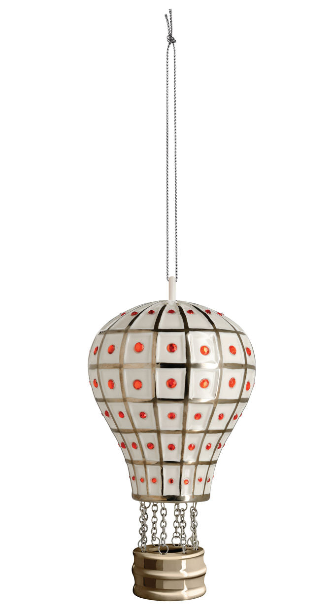 Alessi kerstbal Mongolfiera reale, Fleurs de jori, luchtballon met mand, wit met rood