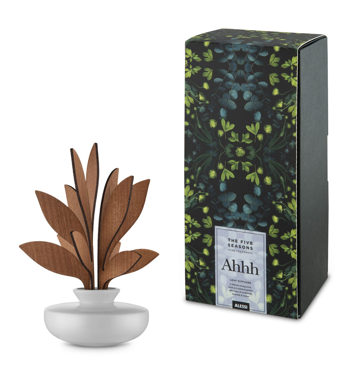 Alessi Ahhh diffuser set van Marcel Wanders, porseleinen fles met mahoniehouten geurblaadjes naast verpakking