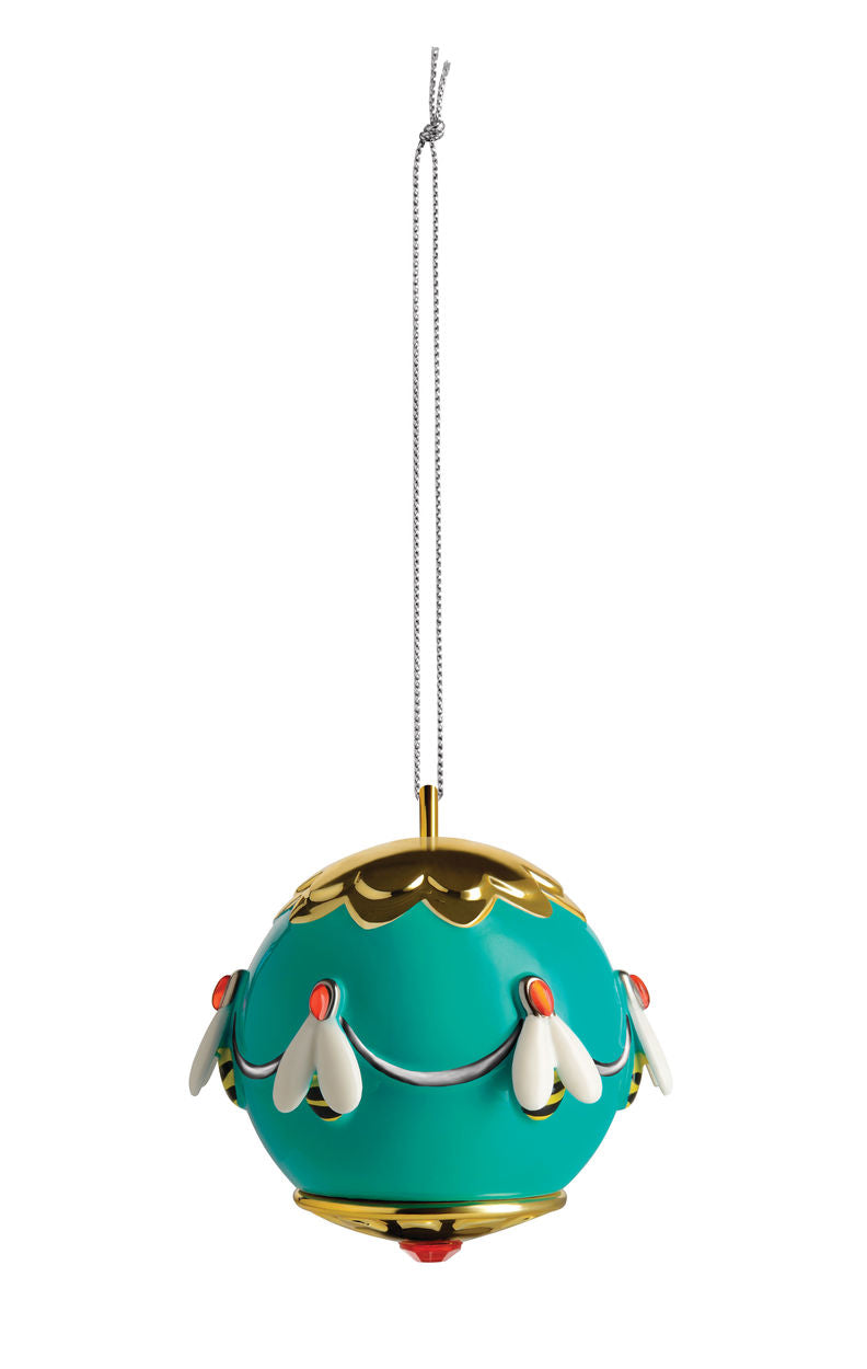 Alessi Ape dell' Oro kerstbal, porselein in turquoise met gouden bijenmotief