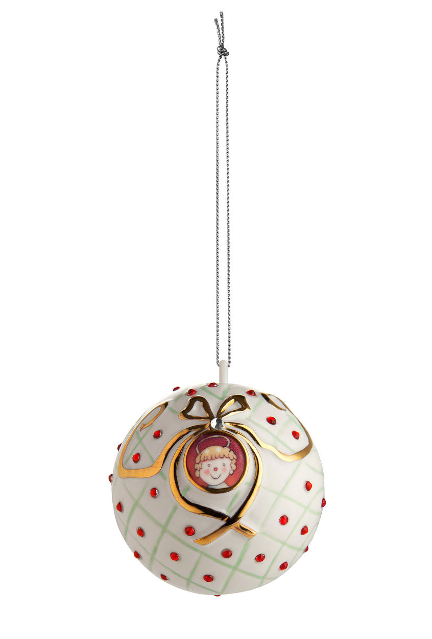 Alessi San Bambino kerstbal, porselein met gouden strik en rode stippen