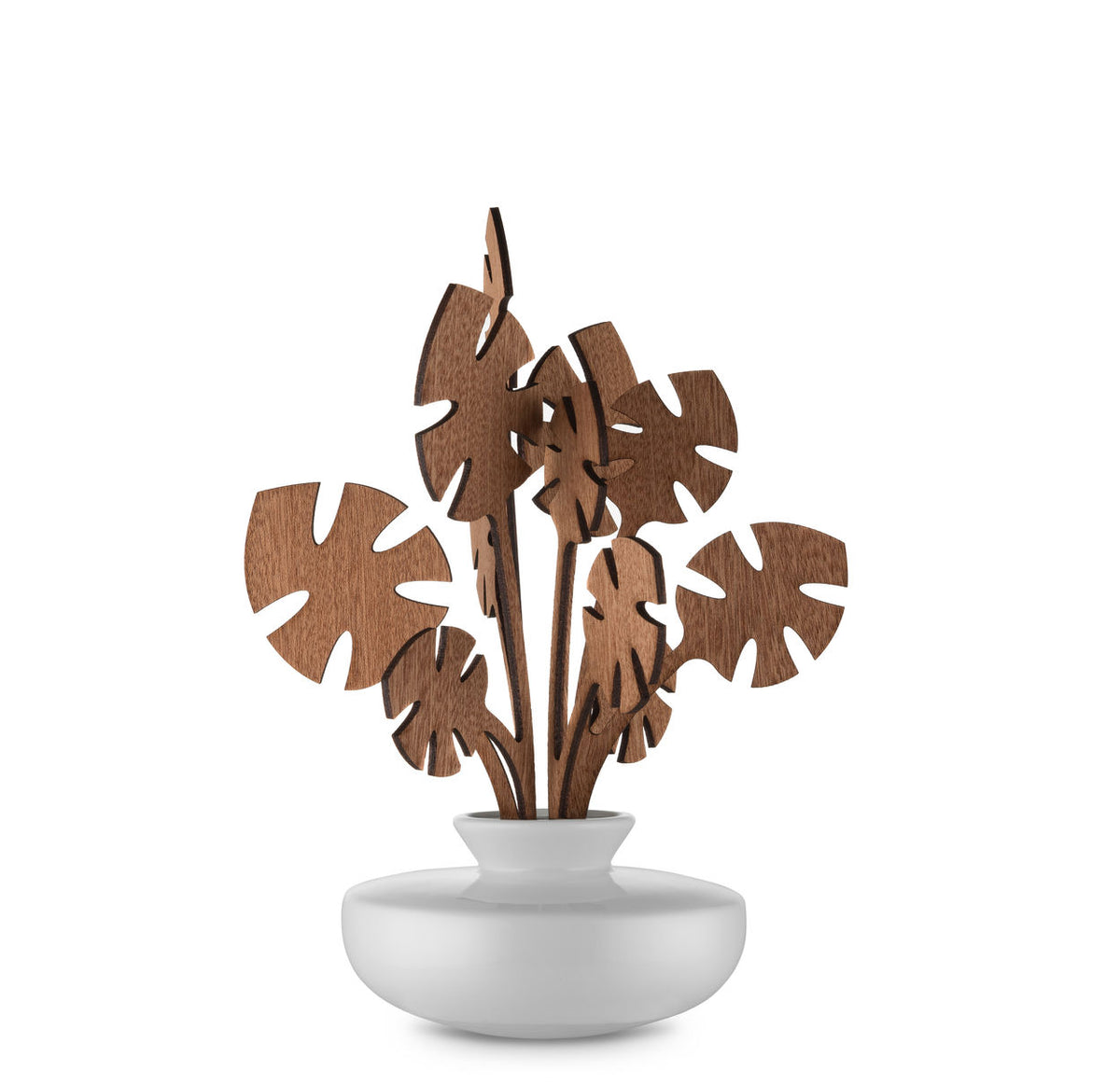 Alessi Hmm scented leaves in white vase, mahogany