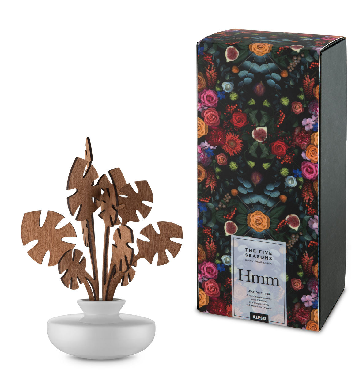Alessi Hmmm diffuser set van Marcel Wanders met geurblaadjes en fles, naast verpakking.