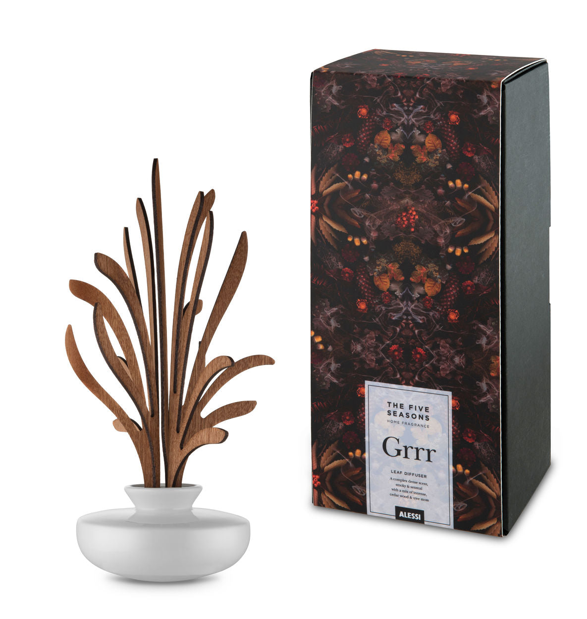 Alessi Grrr-diffuser van Marcel Wanders met mahoniehouten geurblaadjes en verpakking