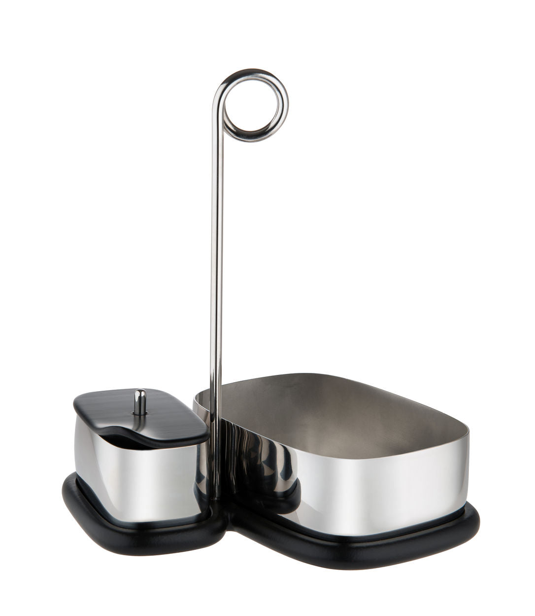 Alessi Bibo suikerpotje met bakje voor thee en koffie, roestvrij staal met zwarte voet