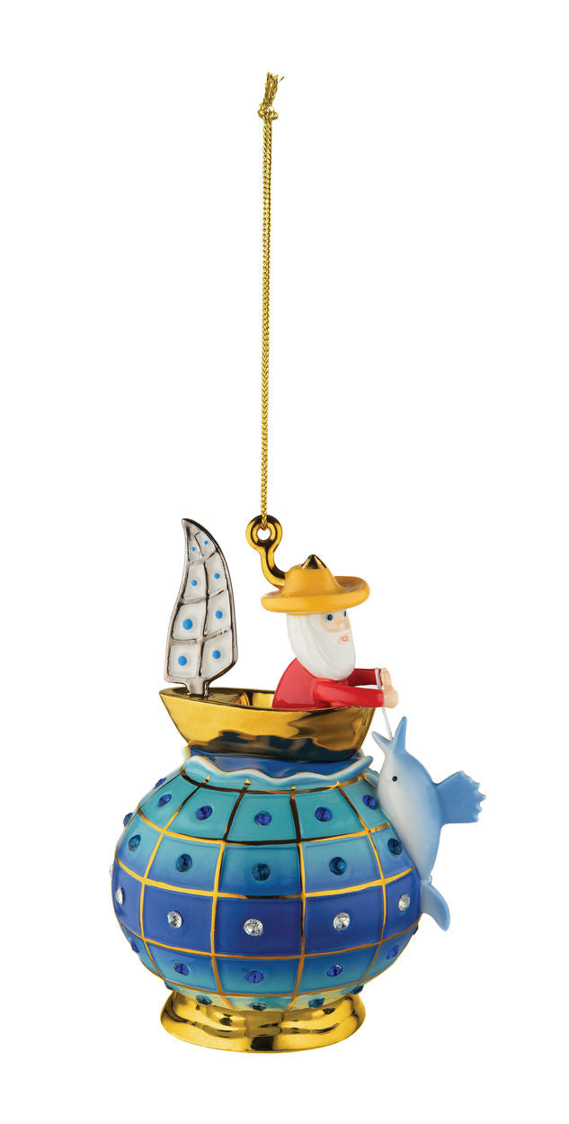 Alessi Il Vecchio e il Mare hanger, man in bootje op blauwe bol met vis