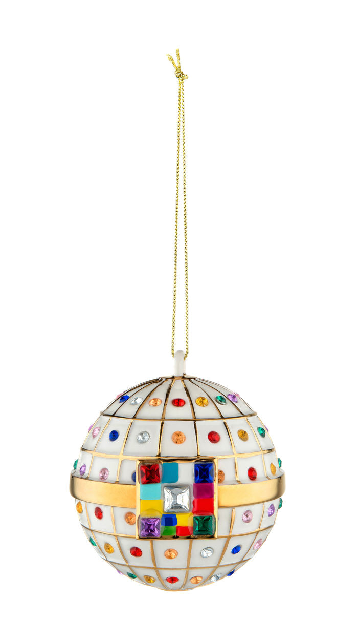 Alessi kerstbal Palla di Fidanzamento, wit met kleurrijke stenen en gouden band, ontwerp Jori