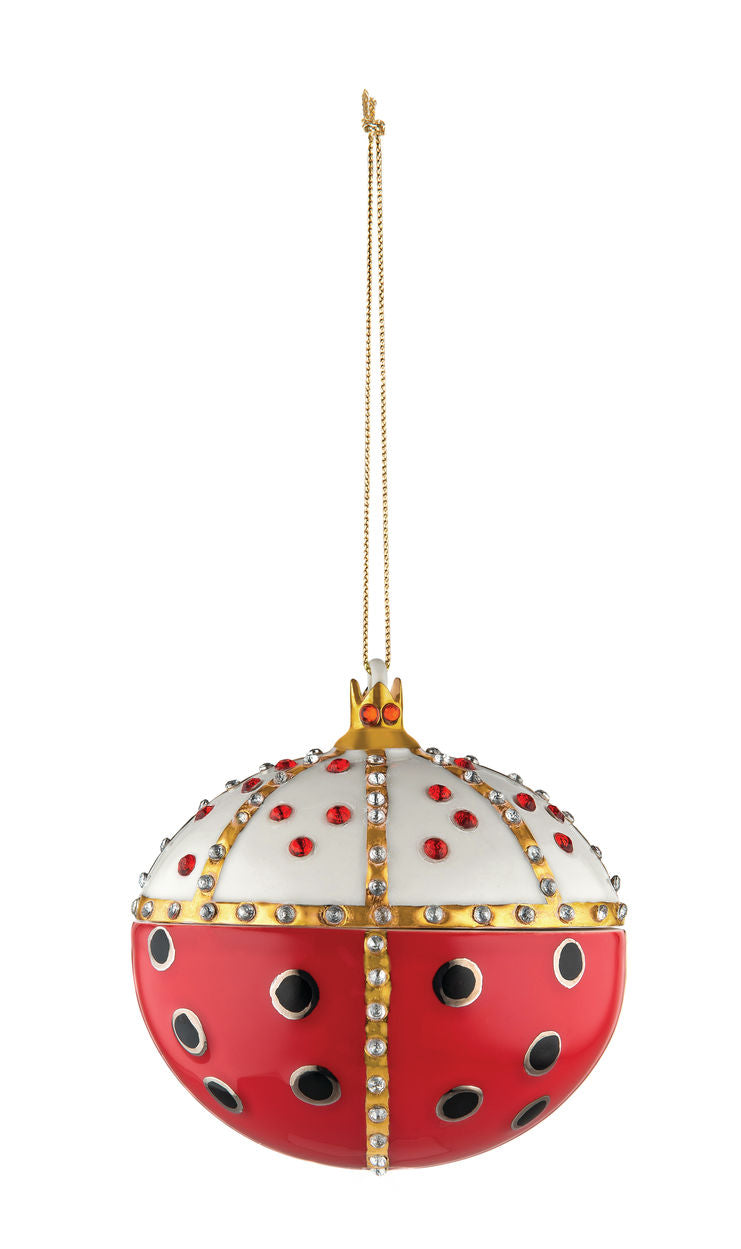 Alessi Re Coccinello kerstbal in vorm van lieveheersbeestje, rood-wit met kroontje, ontwerp Jori