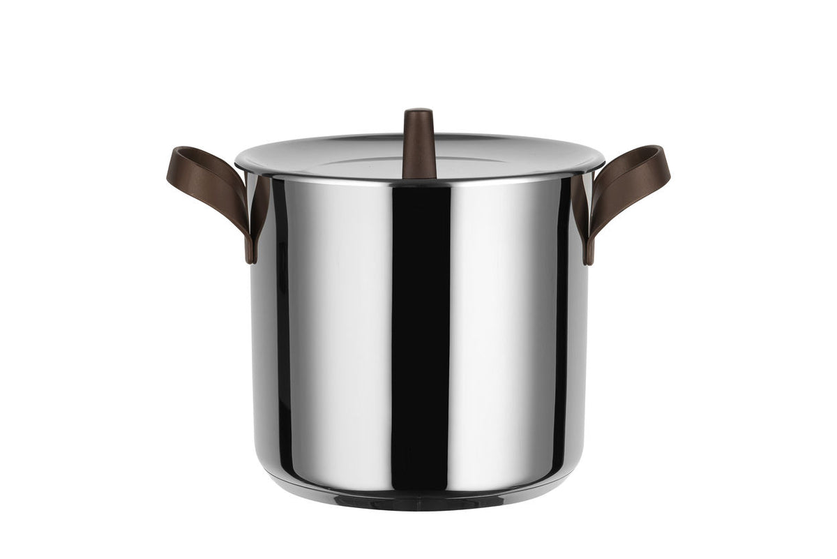 Alessi EDO lage soeppan met deksel, kookpan in rvs met bruine handgrepen