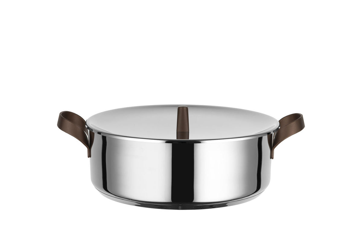 Alessi EDO lage braadpan 24 cm met deksel, roestvrij staal met bruine handvatten