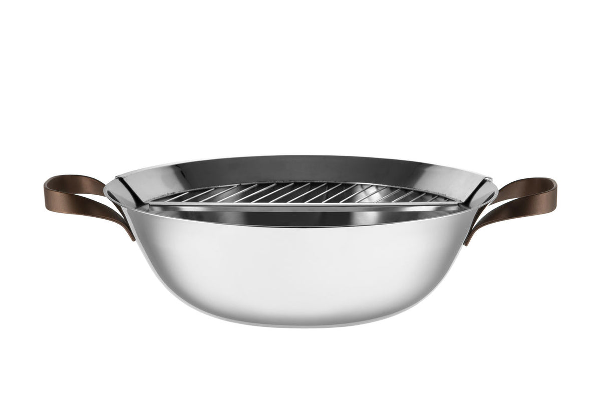 Wok EDO van Alessi, roestvrij staal, met inlegrooster zichtbaar