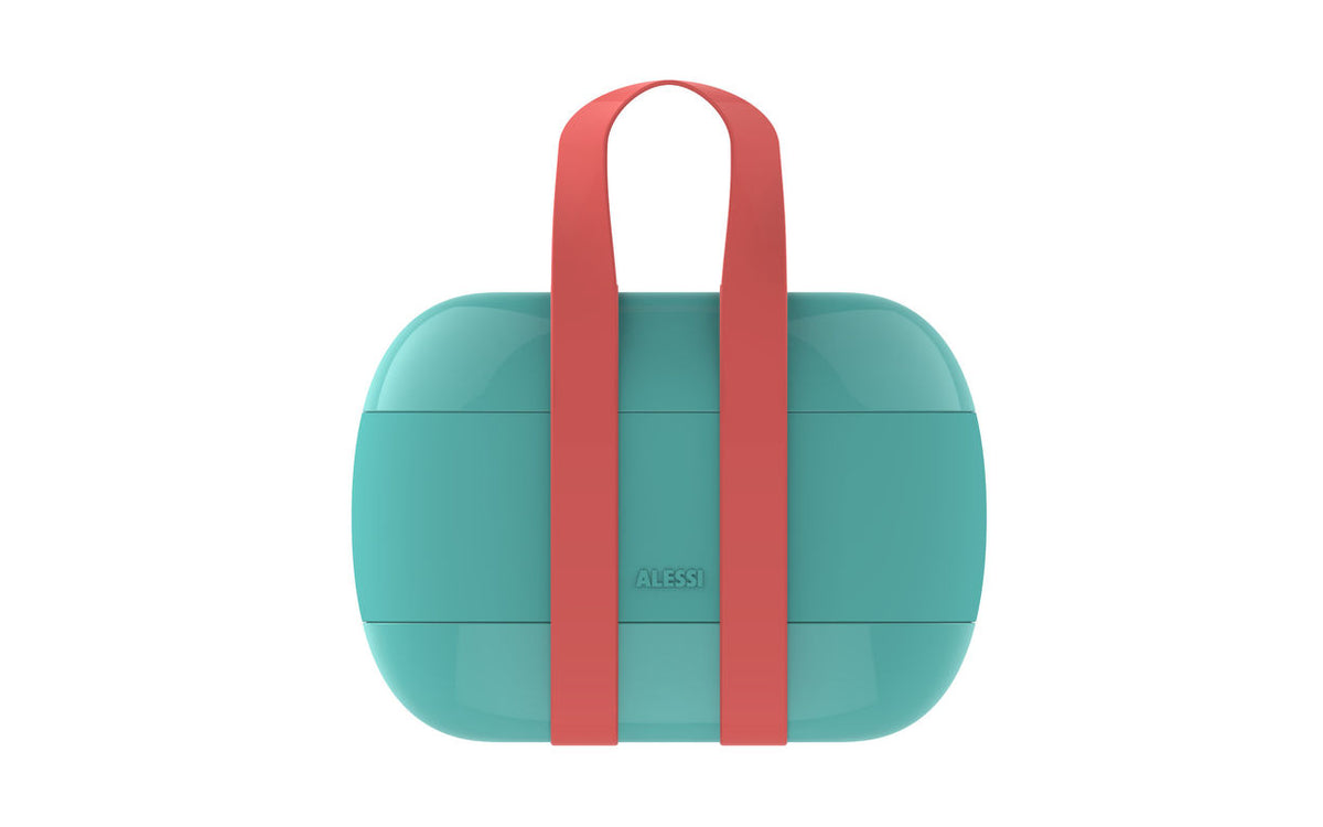 Alessi bento-box in blauw met rode draagband, vooraanzicht