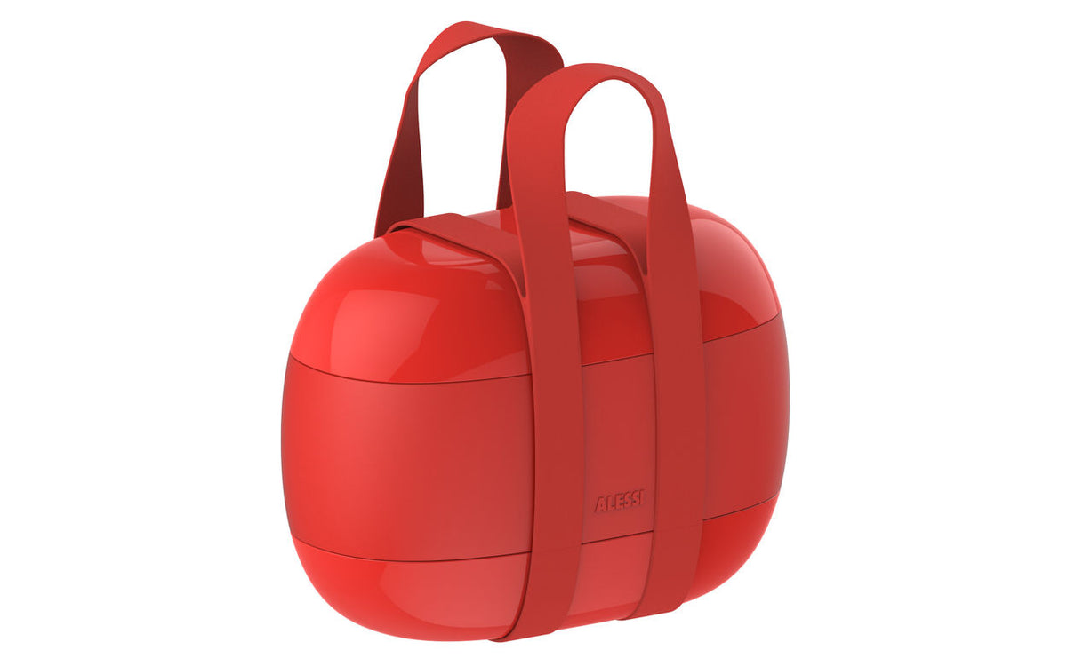 Bento-box van Alessi, ontwerp Sakura Adachi, rood, driekwart aanzicht met handvatten