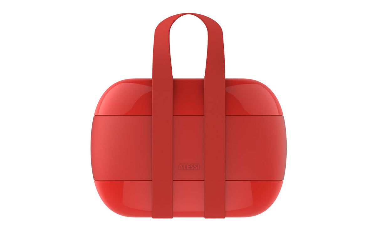 Alessi bento-box, rood, vooraanzicht met draagriemen
