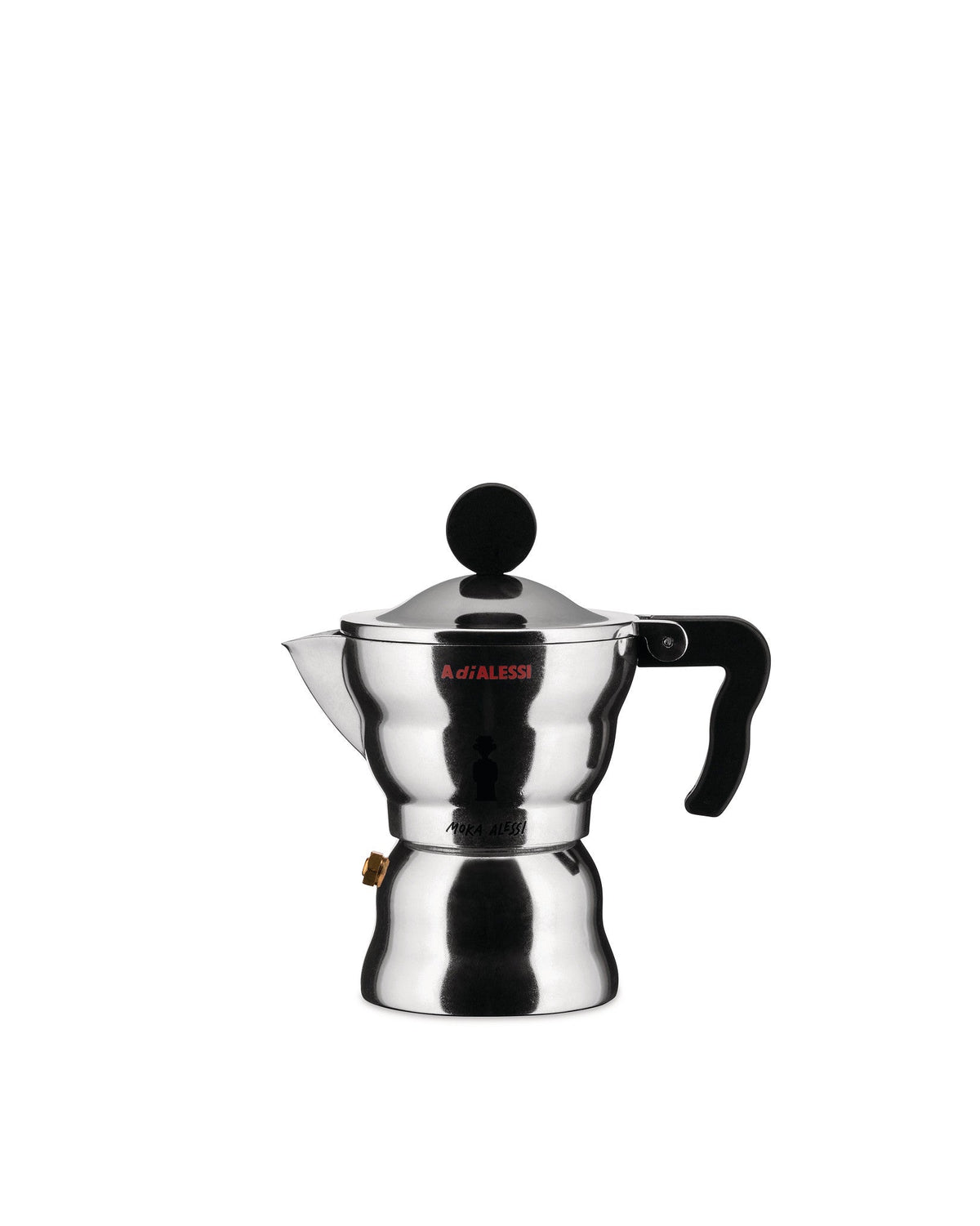 Moka Alessi AAM33/3 van Alessandro Mendini, aluminium espressopot met zwart handvat en knop