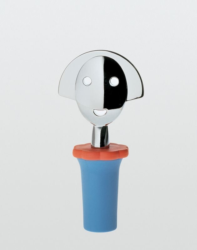 Alessi Anna bottle stopper in blue, with face in chrome-plated metal
