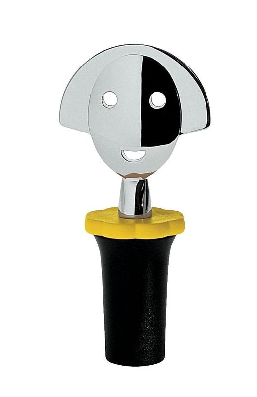Alessi Anna bottle stopper in black, with yellow collar and face in chrome