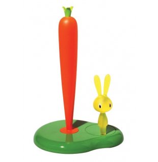 Alessi Bunny & Carrot keukenrolhouder, groen met konijnfiguur, ontwerp Stefano Giovannoni