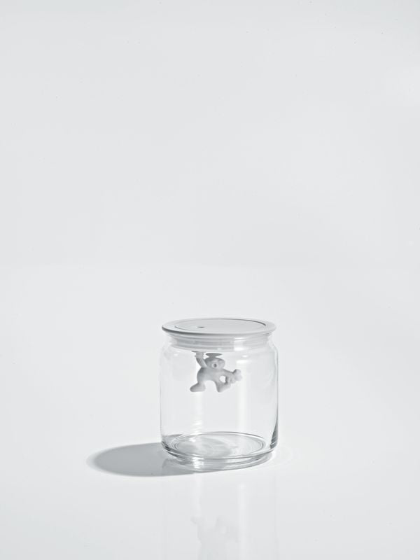 Alessi Gianni voorraadpot met man-figuur, klein model, glas met wit deksel