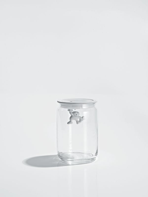 Alessi Gianni voorraadpot van glas met wit klimmend mannetje, diameter 10,5 cm