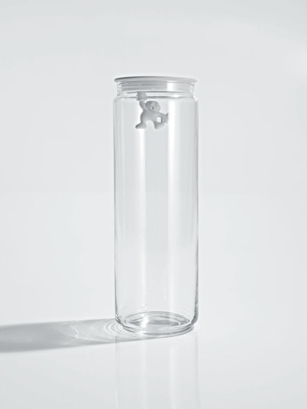Alessi Gianni voorraadpot van glas, ontwerp Mattia Di Rosa, met man op deksel