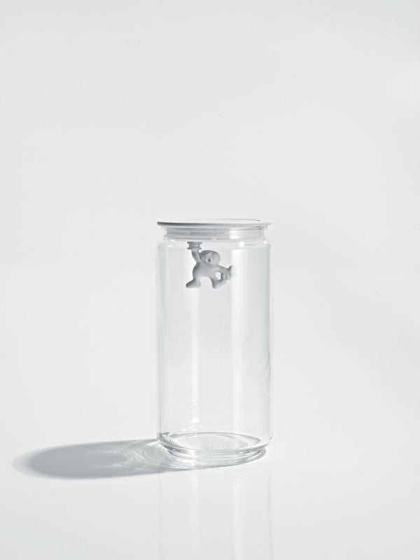 Alessi Gianni voorraadpot van glas met wit deksel en figuurtje van een man
