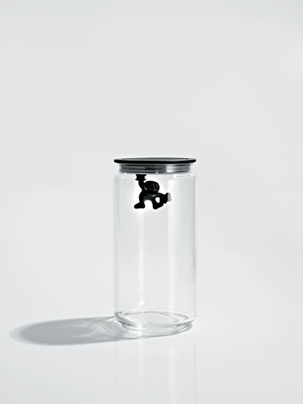 Alessi Gianni voorraadpot van glas met zwarte man als handvat op deksel, hoogte 20,5 cm