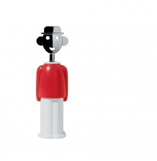 Alessi Sandro kurkentrekker in figuurvorm, rood met wit, ontwerp Alessandro Mendini