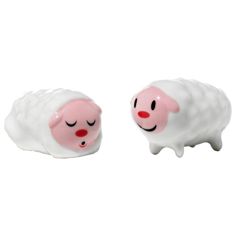 Alessi beeldjes schaapjes voor kerststal, Massimo Giacon, wit met roze, leverbaar